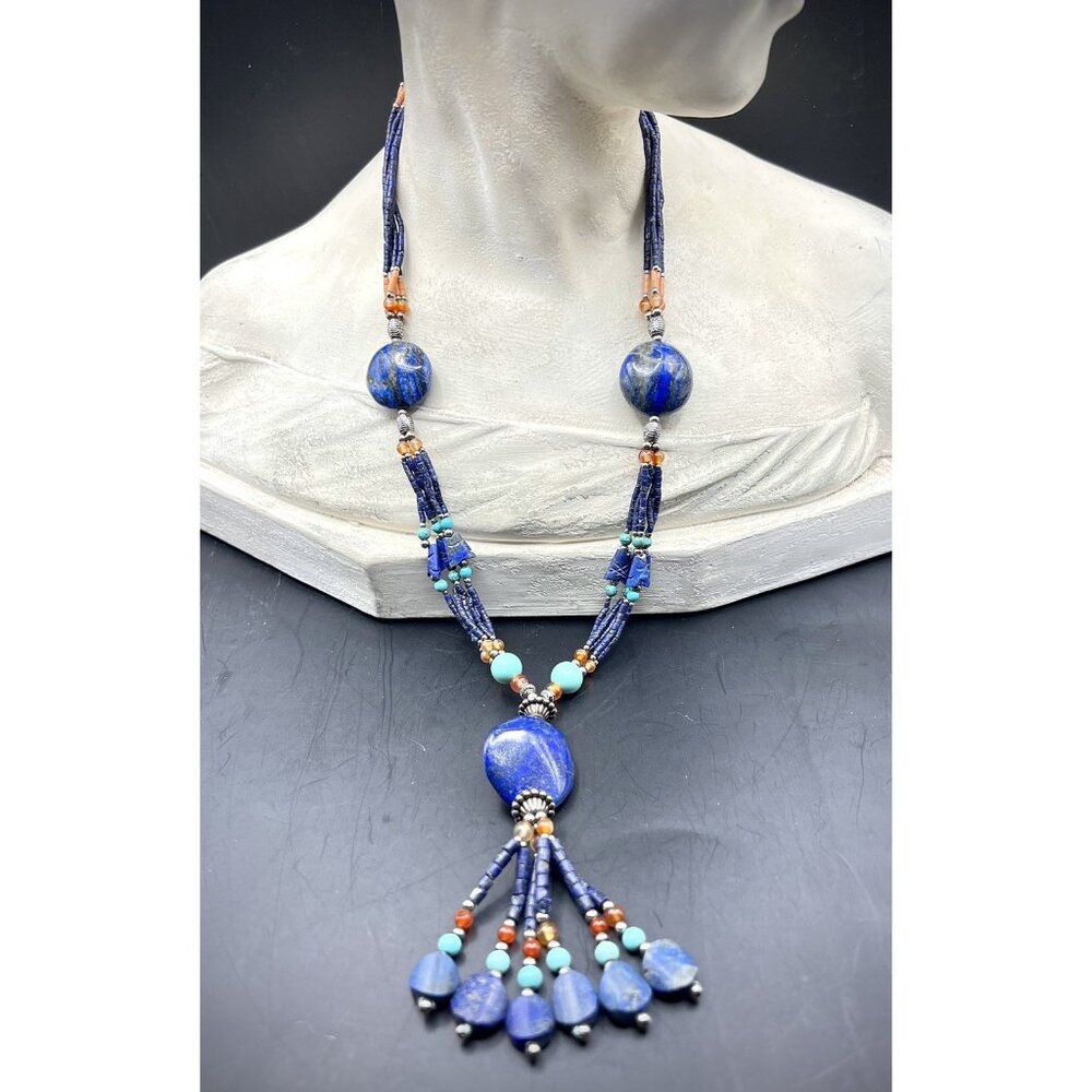 Vintage Bohemian Sterling Silver Lapis Turquoise Coral Necklace